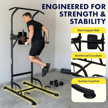 Power Tower Pull Up Station with Free Standing Pull Up Bar, Multi-Grip Workout Frame with 6 Adjustable Heights, H-Base Stability, Steel Construction, 330 lb Capacity for Home Gym, Black