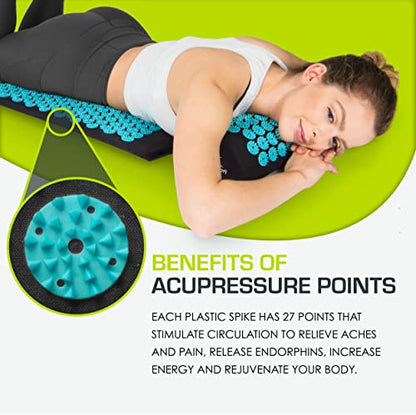 ProsourceFit Acupressure Mat and Pillow Set for Back/Neck Pain Relief and Muscle Relaxation - color: Black/Aqua, size: Large