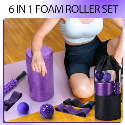 Soulchen 12 Pcs Foam Roller Set - 6 in 1 Deep Muscle Recovery Kit Includes Back Roller, Massage Ball, Muscle Stick, Fasciitis Ball, Stretch Strap & Bag for Body Physical Exercise Therapy, 2 Set