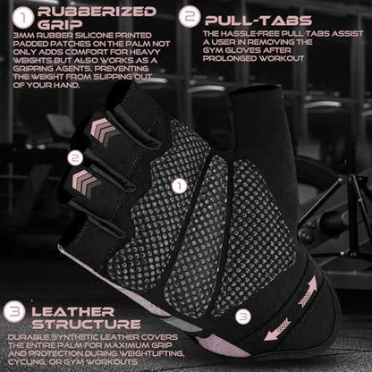 BEAST RAGE Fingerless Weight Lifting Gloves with Palm Protection Padding, Breathable Lightweight Gym Gloves for Men, Women, Weightlifting, Cycling, Exercise, Training Pull Up - color: Pink, size: X-Large