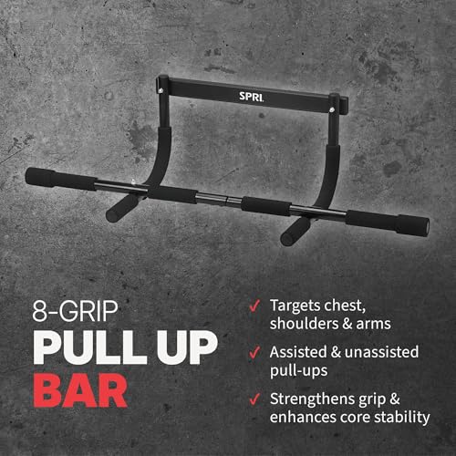 SPRI Pull Up Bar - 8-Grip and 12-Grip Door Frame Mounting Pull-Up Bar for Versatile Workouts - Rugged Steel Frame with Foam Handles - Supports 300 Pounds - Fits Door Frames Up to 32 in. Wide – Black