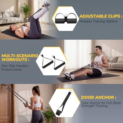 Upgrade Foot Pedal Resistance Bands with Handles, 4 Tube Adjustable Resistance Bands for Abdomen, Waist, Arm, Core/ABS, Leg Workout - Stirrup Puller for Men Women for Full Body Workout