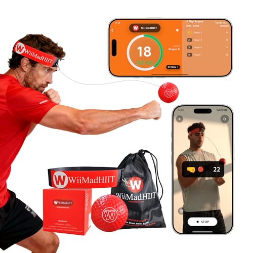 Boxing Reflex Ball with Punch Counter App, Fun Punch Game with Headband, Hand Eye Coordination Training | Boxing Equipment, Fitness Gift Ideas for Teen Boys and Anyone into MMA Training - color: Red
