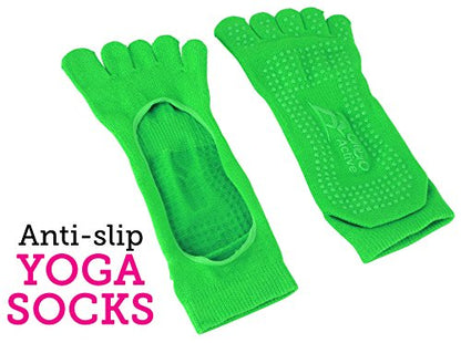 Yoga Accessories Set - Includes 2 Yoga Blocks, 1 Microfiber Non Slip Mat Towel 72X24, 1 Microfiber Hand Towel 24X15, 1 Yoga Strap, 1 Pair of Yoga Socks (Green)