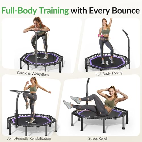 BCAN BT3 51" Octagonal Rebounder Trampoline for Adults, 450LBS Max Load Fitness Trampoline with Large Jumping Area, Silent Bungee Mini Trampoline with T-Adjustable Handle for Home Gym