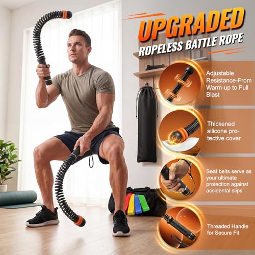 Ropeless Battle Ropes Set, 2 PCS Cordless Battle Ropes with 5 Resistance Bands for Home Gym, Portable Weighted Battle Rope Exercise Equipment for HIIT Strength Training Cardio Workout, Men（Black）
