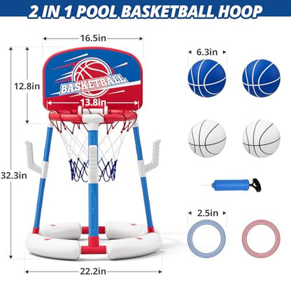 2 in 1 Pool Basketball Hoop with Ring Toss, Floating Pool Toys - Anti-Tip Stable Base - with 4 Balls/8 Rings/Pump - Summer Water Basketball Games Indoor Outdoor Gifts for Kids 4-8 & Adults, Red