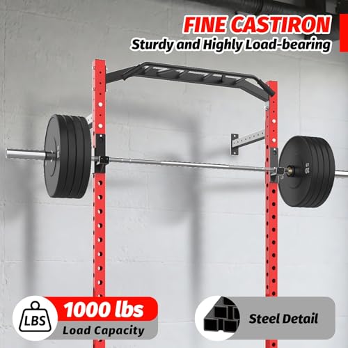 GAOMON Commercial Wall Mounted Squat Rack, Heavy Duty Carbon Steel Home Gym Equipment with Multi-Grip Pull Up Bar, j-Cups & Landmine Attachment for Home and Garage Gym, Red