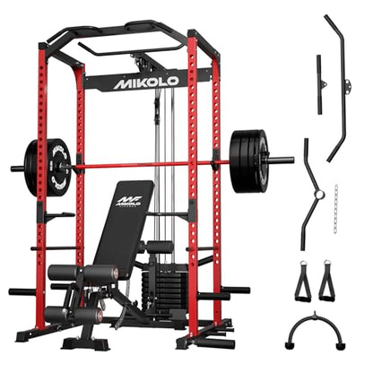 Mikolo F4 2.0 Power Cage with Dual-Track Smooth Pulley System, 1200LBS Power Rack with Leg Hold-Down for Heavy LAT Pulldowns - color: Red, size: F4 2.0 Elite (with Bench＆Bar＆230LB BP）