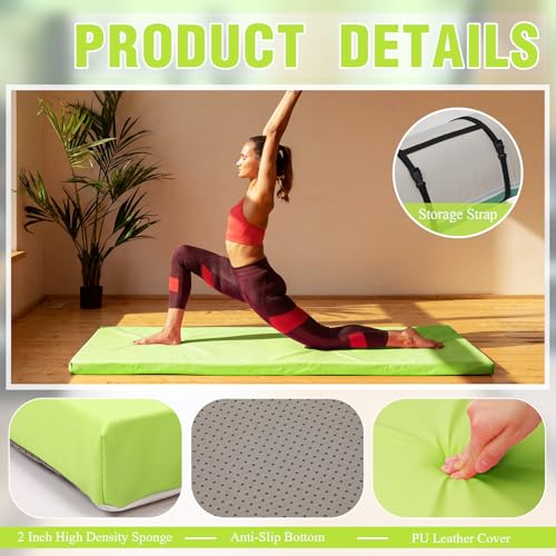 Lyrow 2 Inch 72"x24" Thick Foldable Yoga Mat with Carry Strap, Non-slip Portable Foam Gym Mat for Yoga, Pilates and Stretching - color: Fresh Green