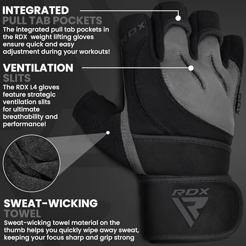 RDX Weight Lifting Workout Gloves with Wrist Support, 50 CM Long Wrist Straps, Anti Slip Padded Palm, Breathable Gym Grip for Fitness Training Powerlifting, Men Women Bodybuilding Exercise