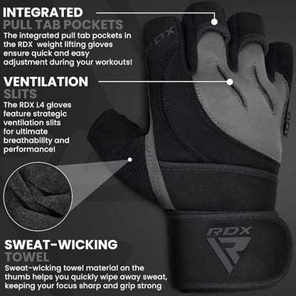RDX Weight Lifting Workout Gloves with Wrist Support, 50 CM Long Wrist Straps, Anti Slip Padded Palm, Breathable Gym Grip for Fitness Training Powerlifting, Men Women Bodybuilding Exercise
