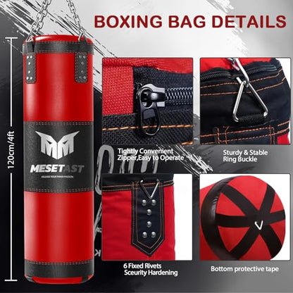 Mesetast Punching Bag for Adults, 4ft Heavy Boxing Bag Set with 12 OZ Gloves for MMA Karate Kickboxing Boxing - Unfilled - color: 2.Red