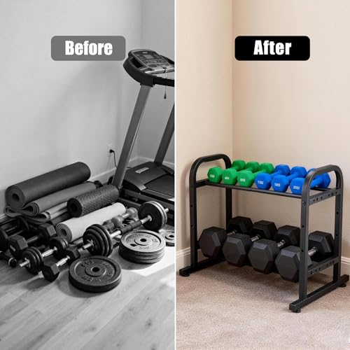 2-Tier Heavy Duty Dumbbell Rack, 180 Lbs Per Shelf Capacity, Adjustable Width Height Stand for Large Hex Dumbbells, Home Gym & Garage Storage (Rack Only)
