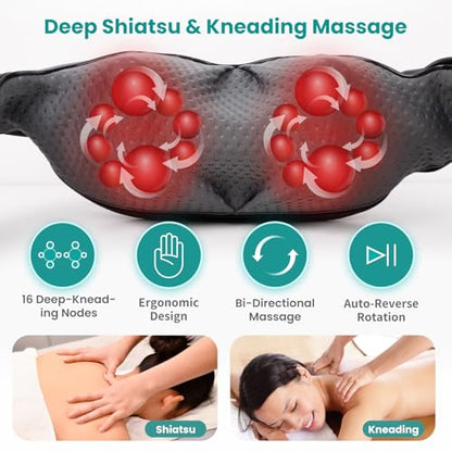 Nekteck Shiatsu Neck Massager with Heat for Pain Relief Deep Tissue, 2026 Upgraded 3D Back Shoulder Kneading Massage Pillow, Relaxation Gifts for Mom Dad Father's Day, Black(NOT Cordless)