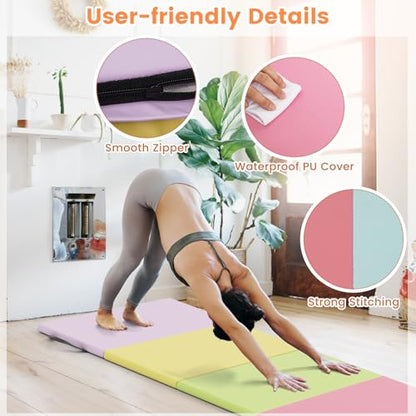 GYMAX Gymnastics Mat, 5-Panel Folding Tumbling Mat with Carrying Handles, 4-Side Hook & Loop Fasteners, Waterproof PU Cover, Exercise Mat for Home, Gym, Yoga, Stretching - color: Pastel