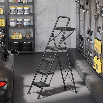 KINGRACK 4 Step Ladder with Tool Platform, Sturdy Step Stool, Anti-Slip Wide Pedals, Handrail, Foldable Step Ladder, Pass 900LBS Testing, Multi-Use for Home, Garage, Garden, Painting, Black - size: 4-step with tool tray and handrail