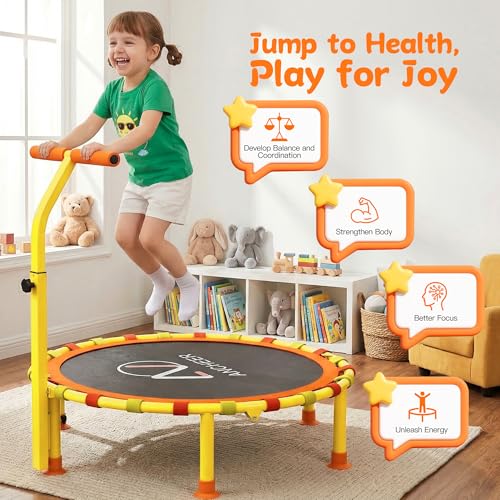 ANCHEER 38'' Kids Trampoline with Adjustable Handle, Indoor Outdoor Safe Rebounder, Heavy-Duty Recreational Trampoline with Safety Bar for Toddlers & Kids Home Play, 150lbs Weights Capacity