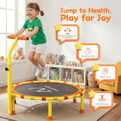 ANCHEER 38'' Kids Trampoline with Adjustable Handle, Indoor Outdoor Safe Rebounder, Heavy-Duty Recreational Trampoline with Safety Bar for Toddlers & Kids Home Play, 150lbs Weights Capacity