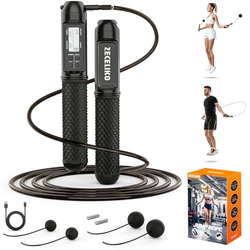Smart Jump Rope with LED Display and Jump Counter, Weighted Cordless Design for Home Gym & HIIT, Adjustable Steel Wire for Fitness, Tracks Jumps, Calories & Time, for Men, Women & Kids - color: Black