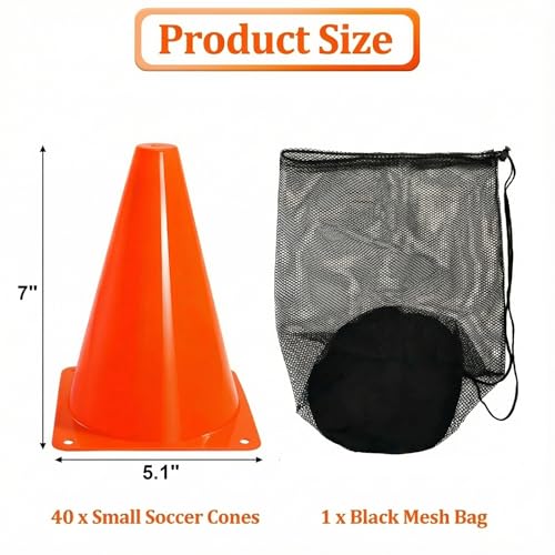 40 Pack Plastic Training Cones, 7 Inch Plastic Soccer Cones, Agility Marker Cone Traffic Cone for Basketball, Football, Skating Drills Practice, Indoor and Outdoor Games
