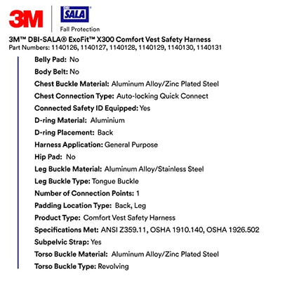 3M unisex 3m Dbi-sala Exofit X300 Comfort Vest Safety Harness Fall Protection - size: Medium