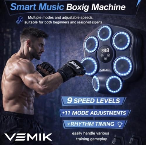 Smart Music Boxing Machine 4 in 1 with LED Punch Targets, Wall Mounted Reaction Trainer Bundle with Boxing Ball Headband, MMA Gloves & Hand Grip Strengthener for Home Fitness Training