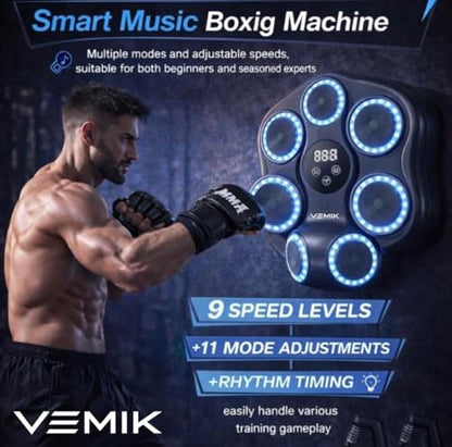 Smart Music Boxing Machine 4 in 1 with LED Punch Targets, Wall Mounted Reaction Trainer Bundle with Boxing Ball Headband, MMA Gloves & Hand Grip Strengthener for Home Fitness Training