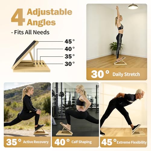 Slant Board for Calf Stretching and Exercise, 4 Angle Portable Adjustable Wooden Calf Stretch Board with Training Poster, 300 Lbs Weight Capacity Velour Board for Leg Knees Physical Therapy Equipment
