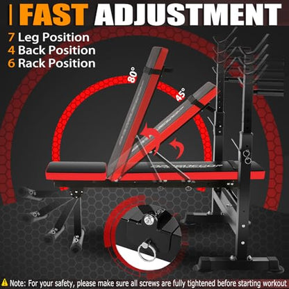 OPPSDECOR 900LBS Weight Bench Set for Home Gym, 6-in-1 Foldable Bench Press Set with Leg Extension, Leg Curl, Preacher Curl Pad, Barbell Rack, Squat Rack for Full Body Workout, Strength Training