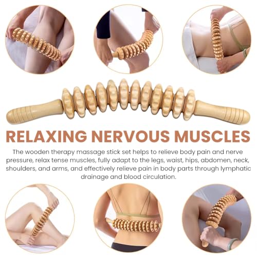 Wooden Massage Roller Stick with Triangle Massager, 12 Rollers Curved Wood Therapy-Massage Tool for Cellulite Reduction and Muscle Tension, 16.9inch