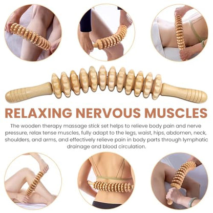Wooden Massage Roller Stick with Triangle Massager, 12 Rollers Curved Wood Therapy-Massage Tool for Cellulite Reduction and Muscle Tension, 16.9inch