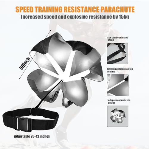 Running Parachute for Speed Training, 56 inch Resistance Parachute for Athletes, Sprinting & Football Training Equipment with Adjustable Waist Belt, Drag Chute to Improve Velocity & Explosive Power