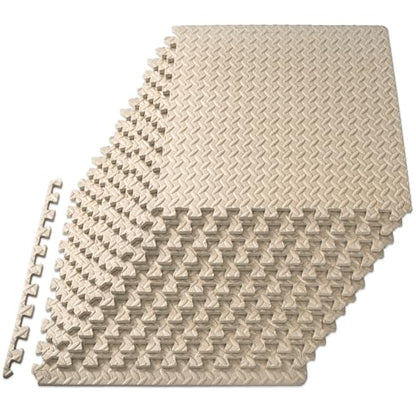 ProsourceFit Exercise Puzzle Mat 1/2-inch, EVA Interlocking Foam Floor Tiles for Home Gym, Workout Equipment, Kids Play Areas, Beige, 48 SQ FT - 12 Tiles