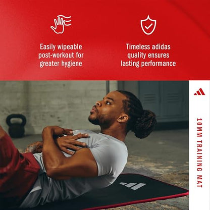 adidas 10mm Extra Thick Training Mat with Carrying Strap and Non-Slip Textured Base - Cushioned Workout Mat for Home Gym, Floor Workouts, and Intense Exercises - Portable and Durable
