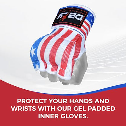 DEFY Padded Inner Gloves Quick 75cm Long Strap – Inner Boxing Gloves Gel Padded Knuckle Protection – Elasticated Boxing Hand Wraps for MMA Muay Thai Kickboxing Martial Arts Pair
