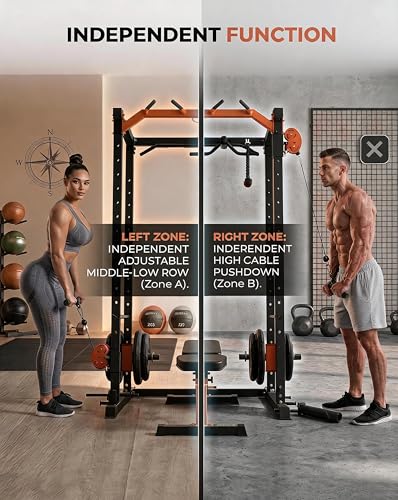 Power Cage, Power Rack with Cable Crossover System, 2000LBS Squat Rack with LAT Pull Down System, Workout Cage with Pulley System for Fitness Home Gym Strength Training (Red&Black)