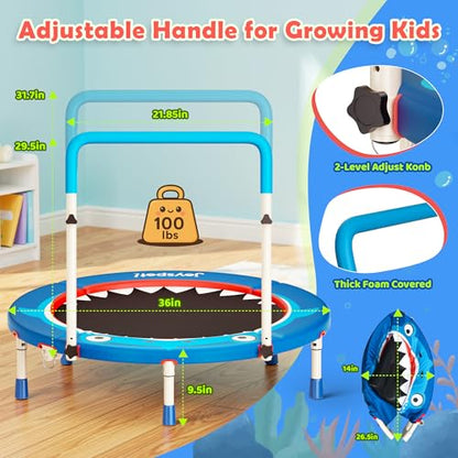 Premium 3FT Foldable Toddler Trampoline for Kids Ages 3-6, 36 Inch ASTM Certified Mini Trampoline with Adjustable Handle, 100 lbs Capacity, Quiet Elastic Bands, Safe for Indoor Outdoor Use - style: Shark