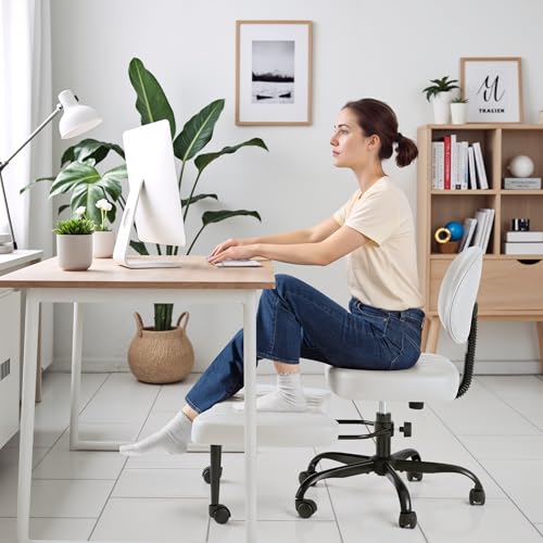 Homall Ergonomic Cross Legged Office Desk Chair with Wheels, 360° Swivel and Adjustable Height for Meditation and ADHD,Criss Cross Kneeling Chair with Lumbar Support (Leather, White) - color: White