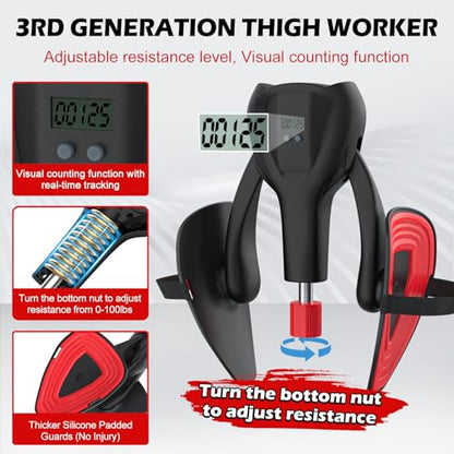 3rd Gen Thigh-Train 0-100 lbs Adjustable Resistance Inner Thigh Train Exercising Counter with Leg Straps Band Pelvic Floor Kegel Hip Exercise Workout Equipment Pilates Women Men (Black)