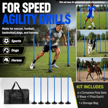 6 Pcs 5 FT Adjustable Agility Training Poles for Soccer,Basketball,Football, Horse,Dog-Speed and Agility Training Equipment Sports Training Poles with Rubber Bases and Bag - color: blue