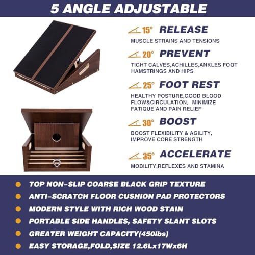 Slant Board for Calf Stretching & Relief, Adjustable Wooden Incline Slant Board for Squats, Calf Stretcher Board for Knees Ankle Heel Feet Leg, Home Gym Physical Therapy