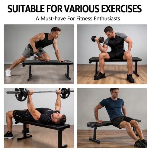 Gym Quality Foldable Flat Bench for Multi-Purpose Weight Training and Ab Exercises, Strength Training, Stable Assembly, Black