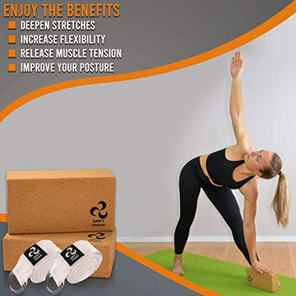 Stretching Straps and Yoga Blocks - Yoga Beginner Kit for Pilates & Gym - style: 2 straps + 2 CORK blocks