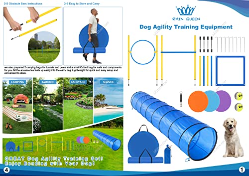 Dog Agility Course Backyard Set - Agility Training Equipment for Dogs Starter Kit-Pet Outdoor Games with Tunnel, Weave Poles, Adjustable Hurdle, Jump Ring, Pause Box, Toys and Carrying Bag