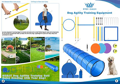 Dog Agility Course Backyard Set - Agility Training Equipment for Dogs Starter Kit-Pet Outdoor Games with Tunnel, Weave Poles, Adjustable Hurdle, Jump Ring, Pause Box, Toys and Carrying Bag