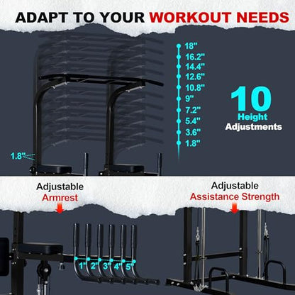 soges Power Tower Pull Up Bar Station, Height Adjustable Multi-Function Dip Station with Assisted Pad for Home Gym, 330Lbs Capacity Full Body Strength Training Workout Equipment for Beginners & Pros