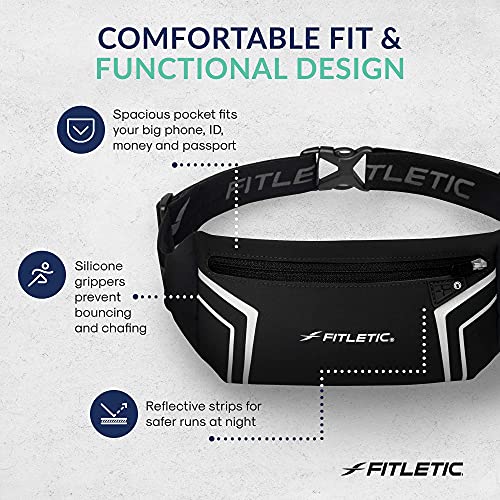 Fitletic Modern Sports Running Belt For Men & Women – Water Resistant Pouch - Fits All Smart Phones- Lightweight, Low Profile Design –Lycra Coated With Inner Card Organizer Pocket - color: Black