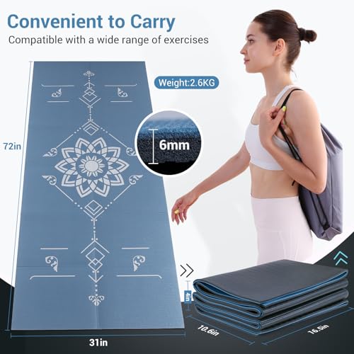 Avoalre Folding Yoga Mat, Eco-Friendly PVC Travel Yoga Mat Packable, Double Sided Non-Slip Printed Yoga Mats with Bag for Home Workout Gym Exercise Fitness Pilates Stretching (72" x 32" x 0.24" Thick) - color: Blue