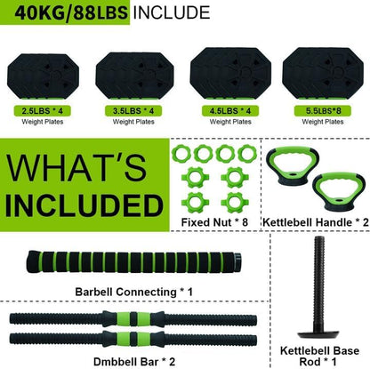 Adjustable Weight Set 88Lbs, 4-in-1 Dumbbell Set and Barbell Weight Set for Home Gym, Converts to Kettlebell & Push-Up Stand, Free Weights Dumbbells Set for Men & Women Full Body Workout